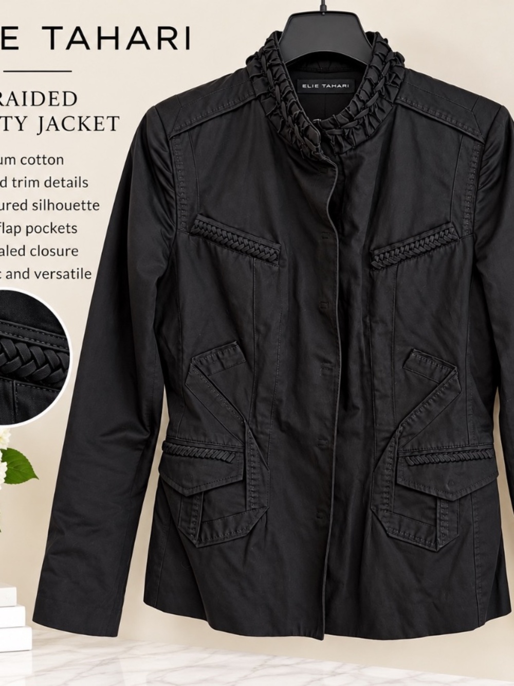 Elie Tahari Black Utility Jacket, Size Small